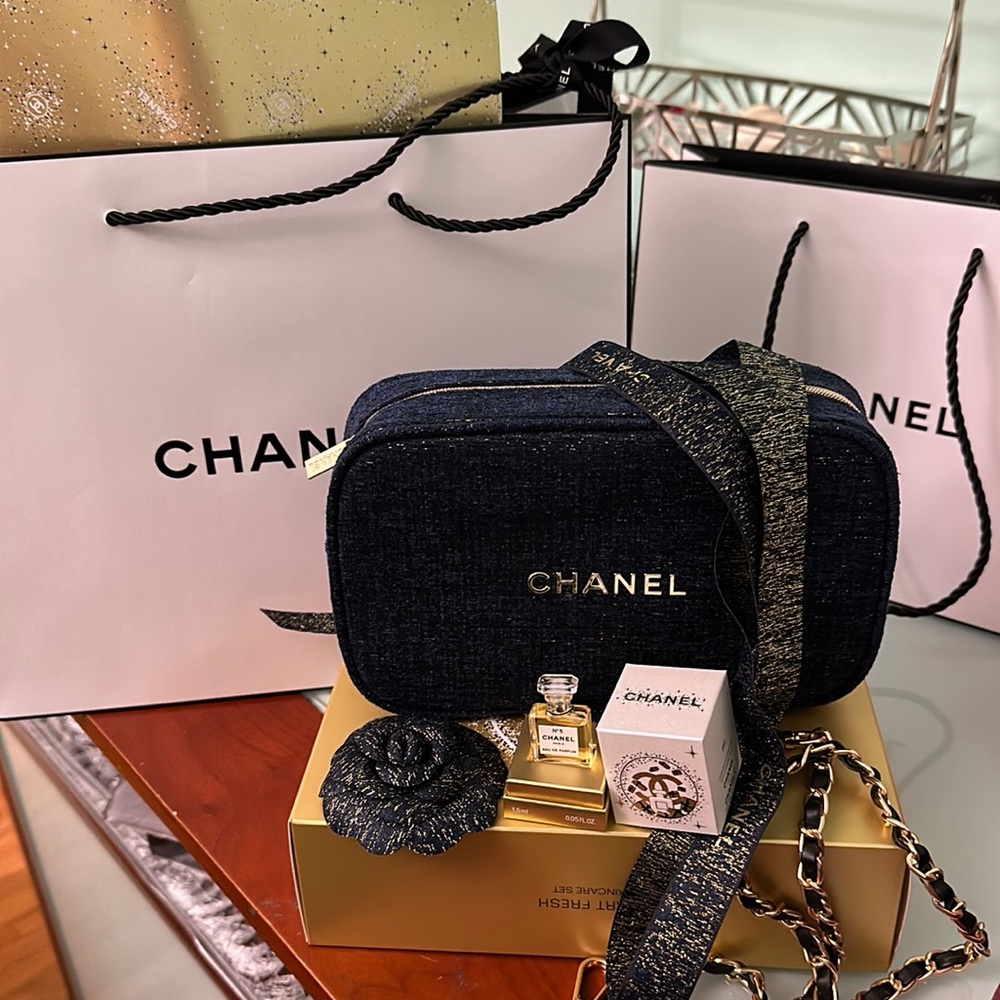 CHANEL Black and Gold Cosmetic Bag
